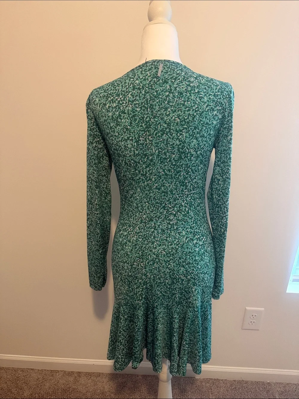 Michael Kors Green Printed Long-Sleeve Ruffle-Hem Dress